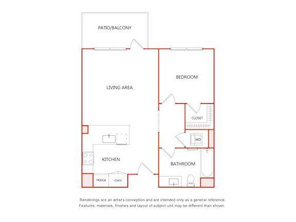 A diagram of a house layout with a living area, kitchen, bedroom, bathroom and closet.
