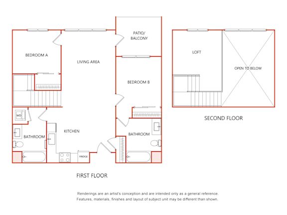 A diagram of a house showing the first and second floor layouts.