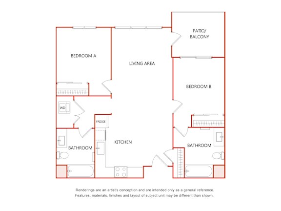 A diagram of a house layout with two bedrooms, a living area, a kitchen, two bathrooms, and a patio/balcony.