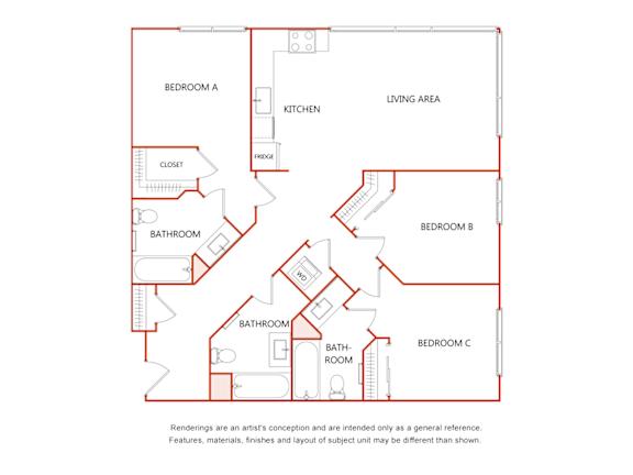 A diagram of a house layout with three bedrooms, a kitchen, a bathroom and a living area.