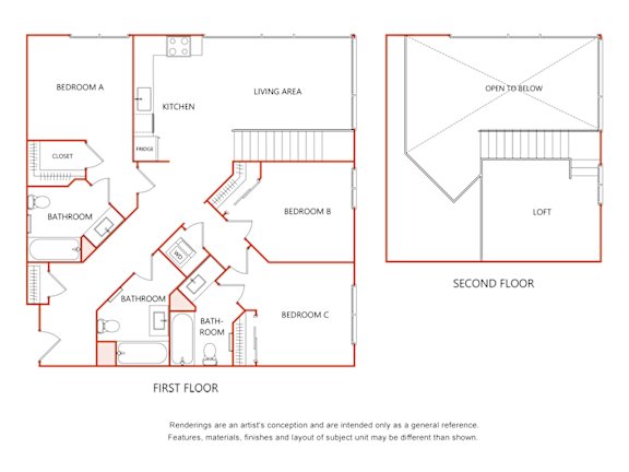 A floor plan of a house with a living area, kitchen, and three bedrooms.