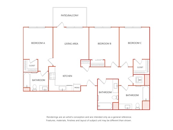A floor plan of a house with three bedrooms, a living area, a kitchen, a bathroom and a patio.