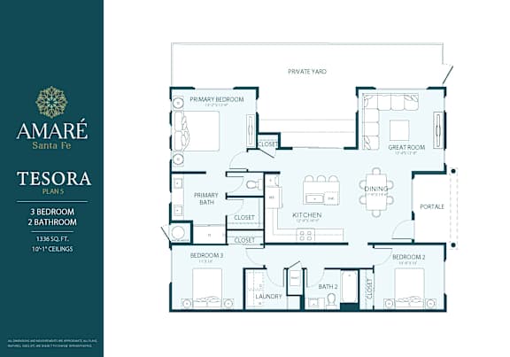 A floor plan for the Amare Santa Fe Tesora Plan shows a 3 bedroom, 2 bathroom layout.