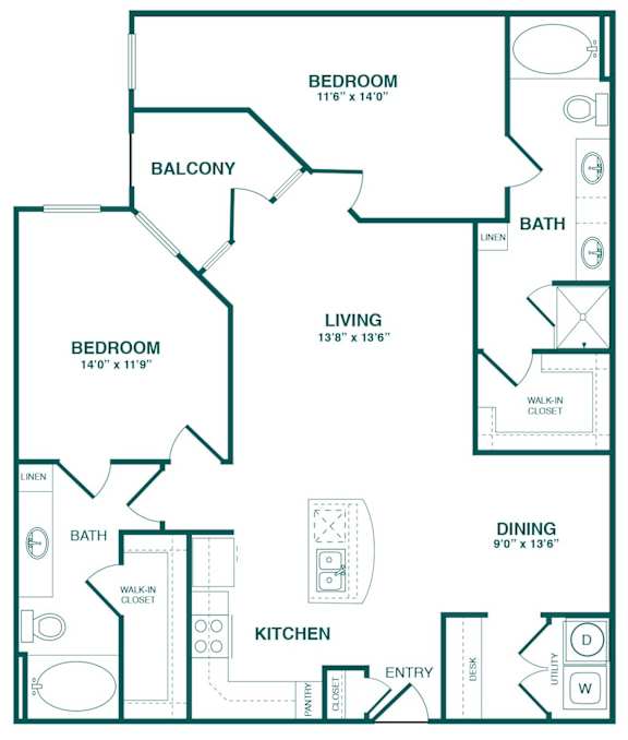 A floor plan of a home with two bedrooms, a balcony, a living room, a kitchen, a dining area, and bathrooms.