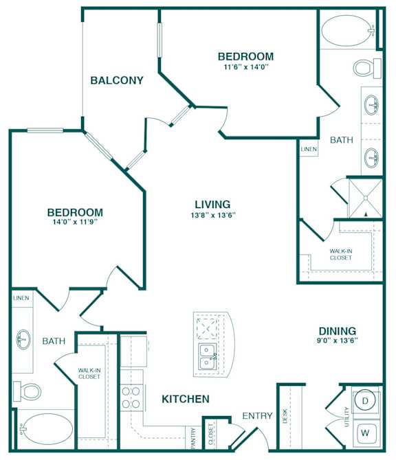 A floor plan of a house with a living room, kitchen, two bedrooms, a balcony, and a dining area.