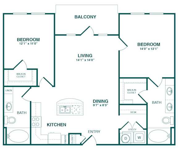 A floor plan of a house with two bedrooms, a living room, a dining room, a kitchen, a bathroom, and an entry.