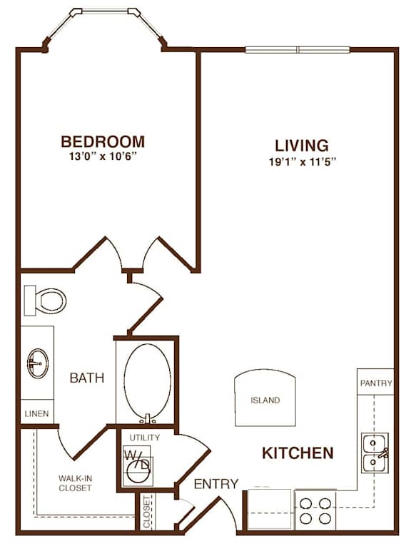 A floor plan of a home with a bedroom, living room, kitchen, and bathroom.