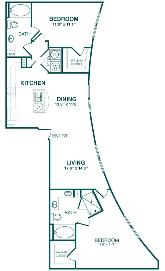 A floor plan of a home with a living room, kitchen, dining room, and two bedrooms.