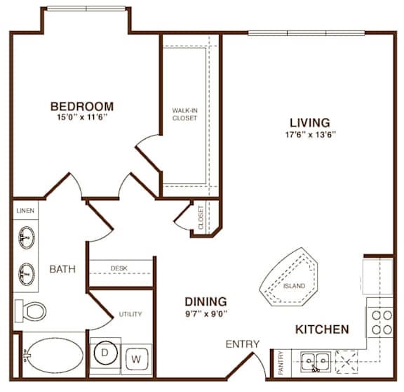 A floor plan of a home with a bedroom, living room, dining room, kitchen, and bathroom.