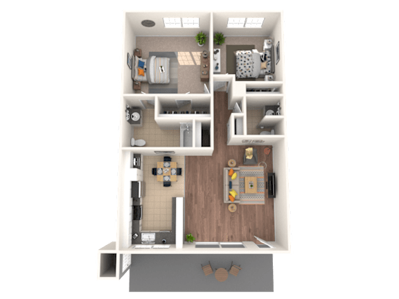 A 3D floor plan of a small apartment with a kitchen, living room, and bathroom.