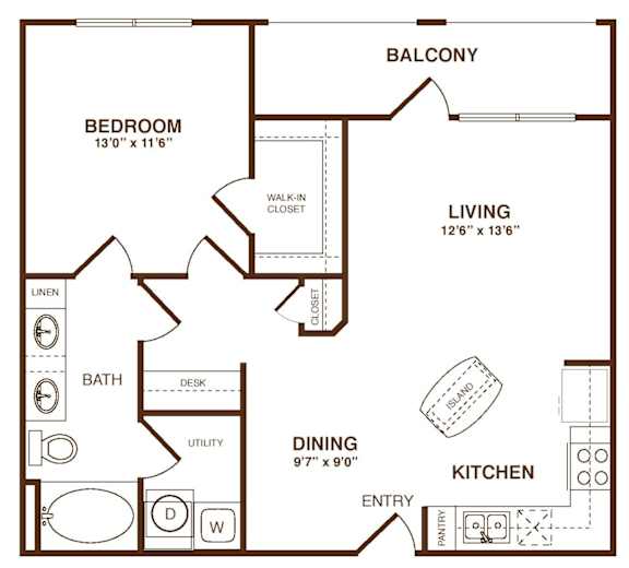 A black and white floor plan of a home with a bedroom, bathroom, living room, dining area, kitchen, and balcony.