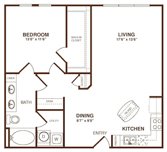 A black and white image of a house floor plan with a bedroom, living room, kitchen, dining room, bathroom, and entry.