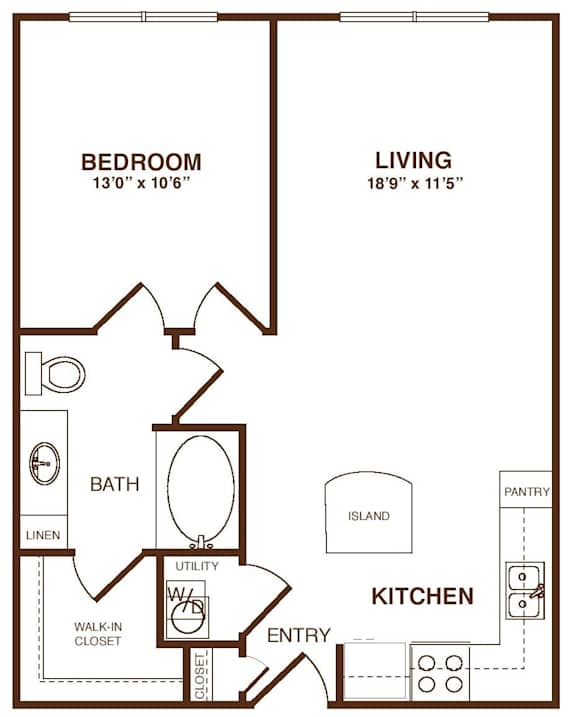 A floor plan of a small apartment with a bedroom, living room, kitchen, bathroom, and pantry.