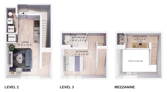 three floor plans of a small house with a bathroom and a living room