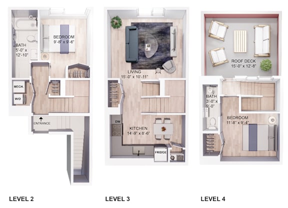 three floor plans of a house with a bedroom and a living room