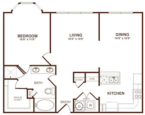 A floor plan of a small apartment with a bedroom, living room, dining room, kitchen, and bathroom.
