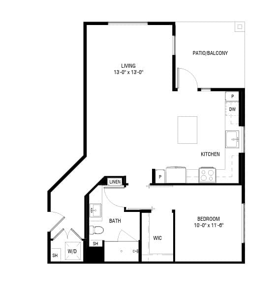 A black and white image of a house floor plan with a living room, kitchen, bathroom, and bedroom.