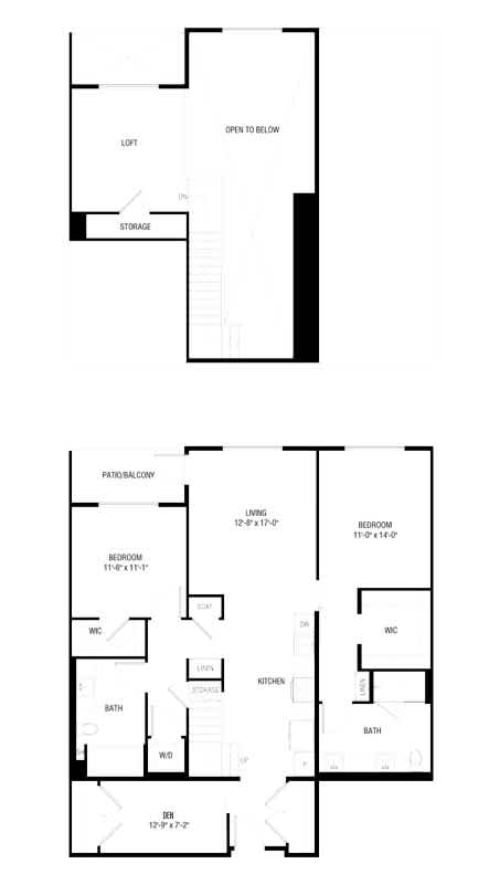 A floor plan of a two-story house with a living room, two bedrooms, a bathroom, and a kitchen.