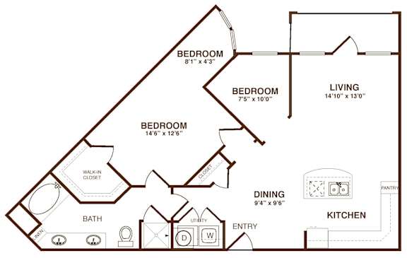 A floor plan of a home with three bedrooms, a living room, a dining area, a kitchen, a bathroom, and a walk-in closet.