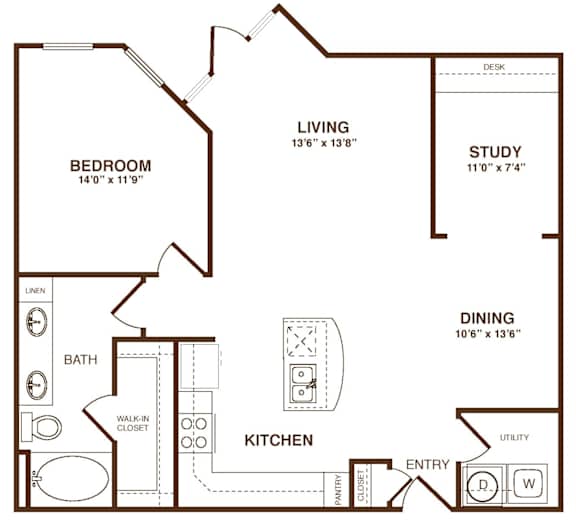 A floor plan of a house with a bedroom, study, dining area, and kitchen.