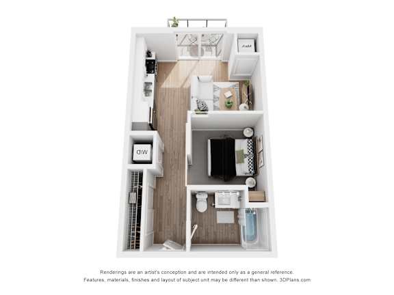A 3D floor plan of a small apartment with a kitchen, living room, and bathroom.