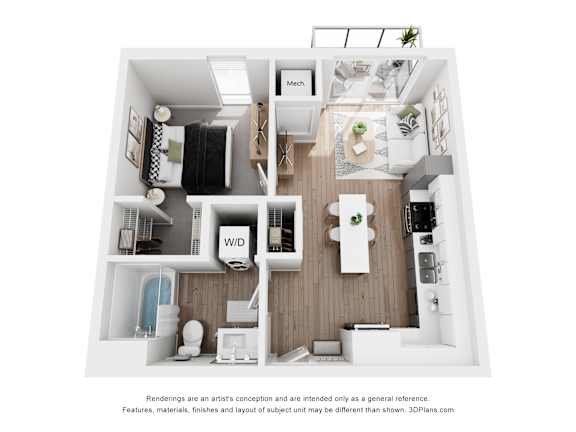 A 3D floor plan of a small apartment with a kitchen, living room, and bathroom.
