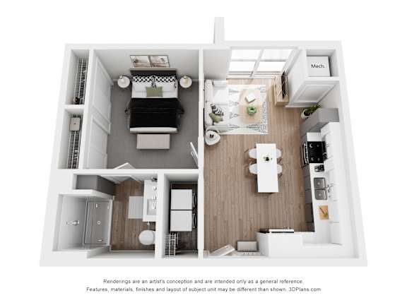 Floor Plan  A floor plan of a small apartment with a kitchen, living room, and bathroom.