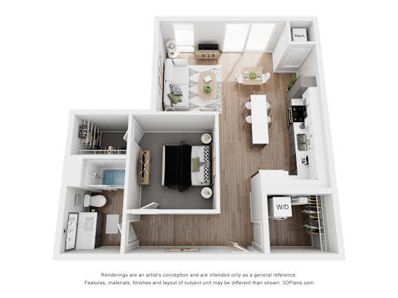 A 3D floor plan of a small apartment with a kitchen, living room, and bathroom.
