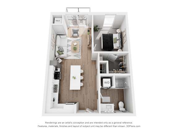 Floor Plan  A floor plan of a small apartment with a kitchen, living room, and bedroom.