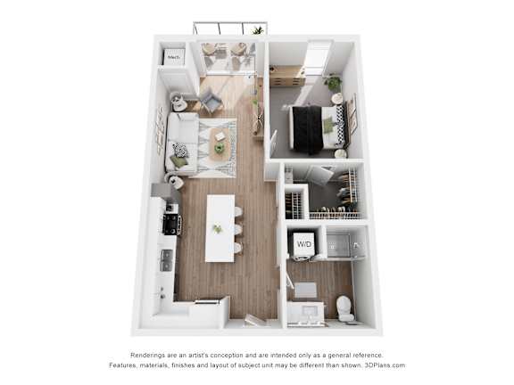 Floor Plan  A 3D floor plan of a small apartment with a kitchen, living room, and bedroom.