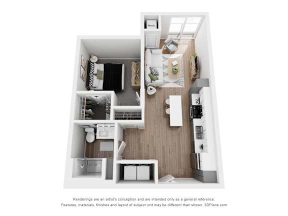 A 3D floor plan of a small apartment with a kitchen, living room, and bathroom.