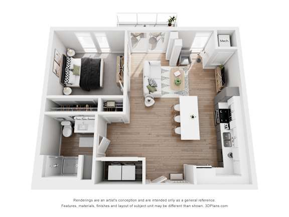 A 3D floor plan of a small apartment with a kitchen, living room, and bedroom.