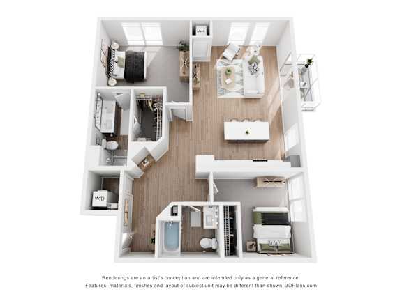 A 3D floor plan of a small apartment with a kitchen, living room, and bathroom.