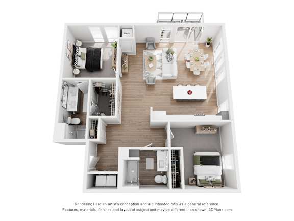 A 3D floor plan of a house with a kitchen, living room, dining room, and bedrooms.