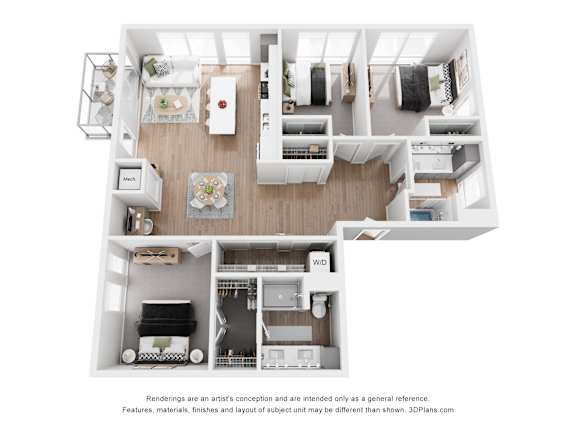 A 3D floor plan of a small apartment with a kitchen, living room, and bedroom.