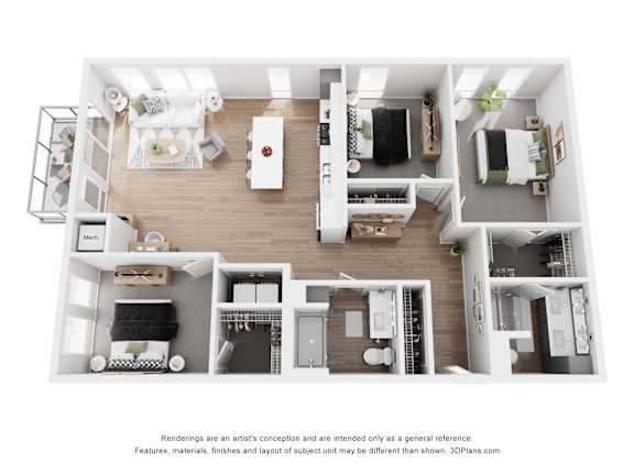 Floor Plan  A 3D floor plan of a small apartment with a kitchen, living room, and bedrooms.