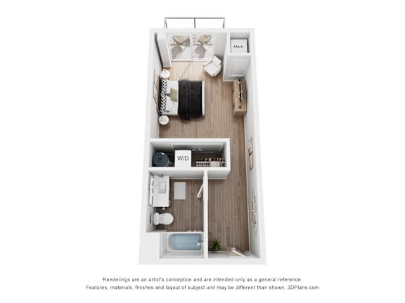 A floor plan of a small apartment with a kitchen, living room, and bathroom.
