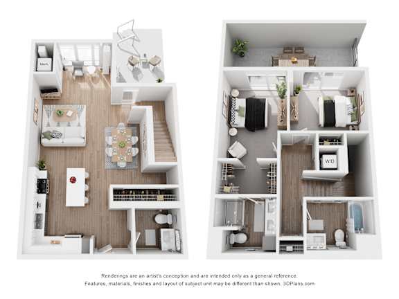 Two floor plan images of a house with a kitchen, living room, bedrooms and bathrooms.
