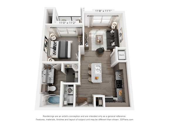 A 3D floor plan of a small apartment with a kitchen, living room, and bathroom.