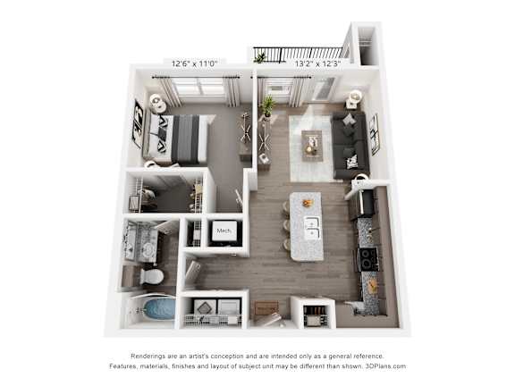 A 3D floor plan of a small apartment with a kitchen, living room, and bathroom.