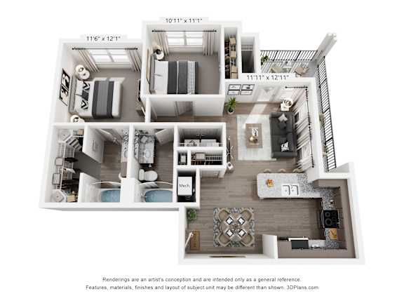 A 3D floor plan of a two-bedroom apartment with a living room, kitchen, and bathroom.