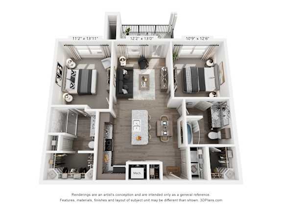 A 3D floor plan of a house with a kitchen, living room, and two bedrooms.