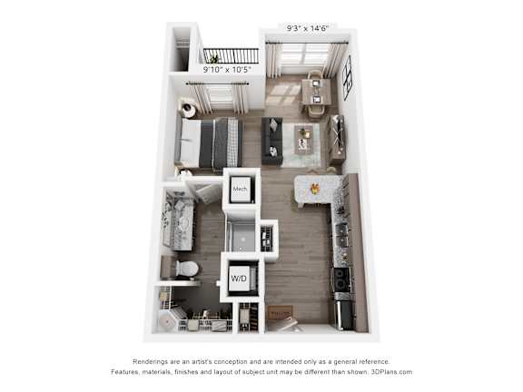 A 3D floor plan of a small apartment with a kitchen, living room, and bathroom.