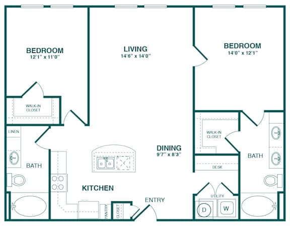 A floor plan of a home with two bedrooms, a living room, a dining room, a kitchen, a bathroom, and a pantry.