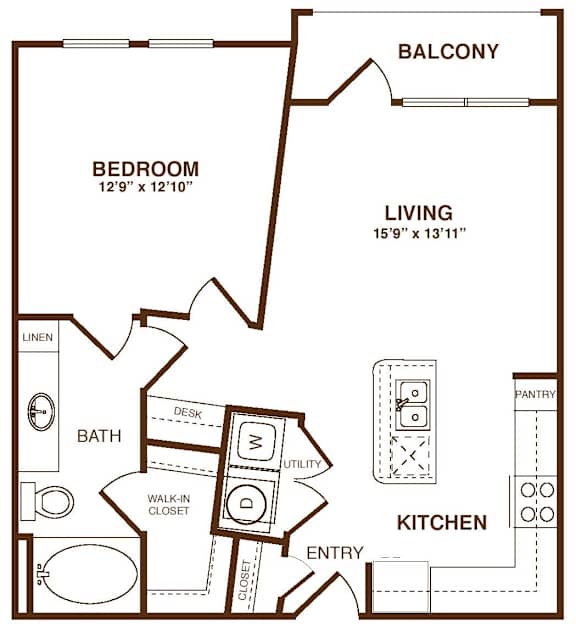 A floor plan of a home with a bedroom, living room, kitchen, and bathroom.