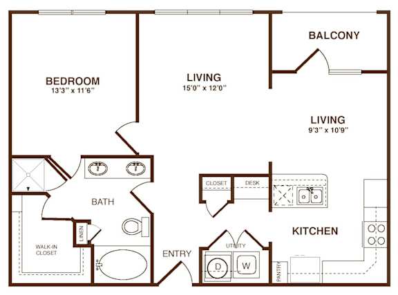 A floor plan of a home with a bedroom, bathroom, two living areas, a kitchen, and an entry.