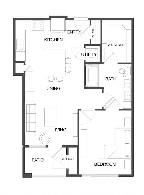 A floor plan of a house with labeled rooms such as kitchen, living room, and bathroom.