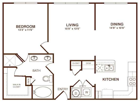 A floor plan of a home showing a bedroom, living room, dining room, kitchen, and bathroom.