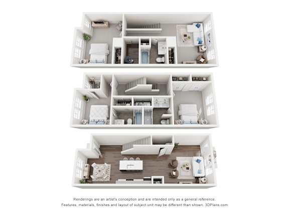3 bedroom, 3.5 bathroom townhome floorplan at The Maple in Raleigh, NC showing all three levels combined, featuring open-concept living, modern kitchen, private bedrooms, and spacious layout.