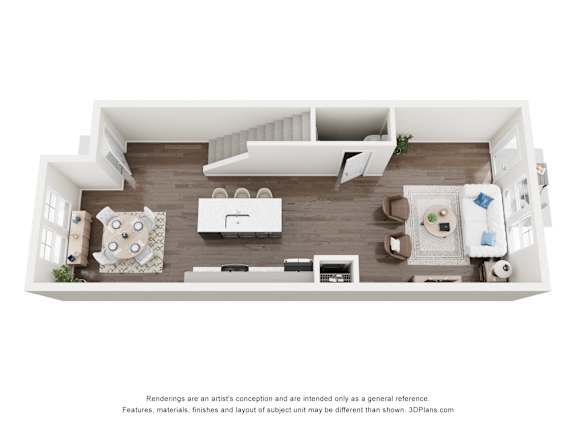 First floor of the Savannah 3 bed, 3.5 bath townhome at The Maple in Raleigh, NC with open kitchen, living room, dining area, and guest bathroom.